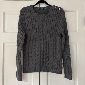 Lauren Ralph Lauren Charcoal Gray Cable Knit Sweater Size XL Cotton Logo Button‎